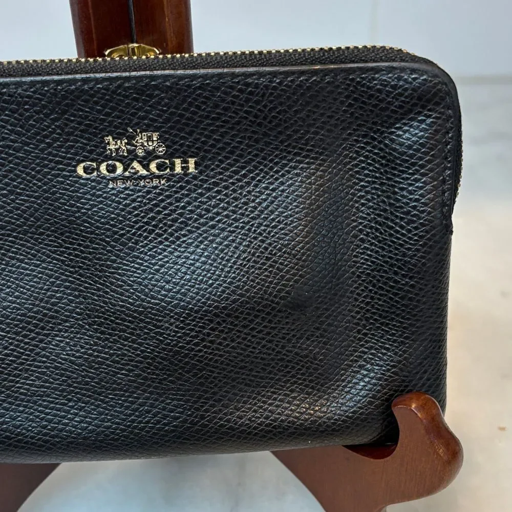 Coach Wristlet Bag Purse Leather Cross Grain Textured Black Pouch Clutch Wallet